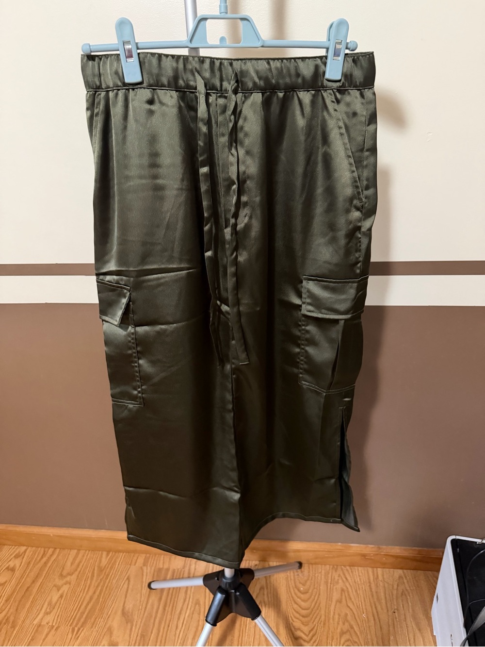 Sanctuary Olive Satin Cargo Pants with Drawstring